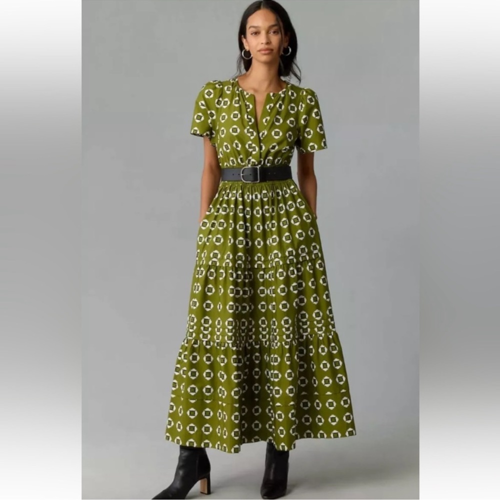 Anthropologie Olive Green Printed Maxi Dress